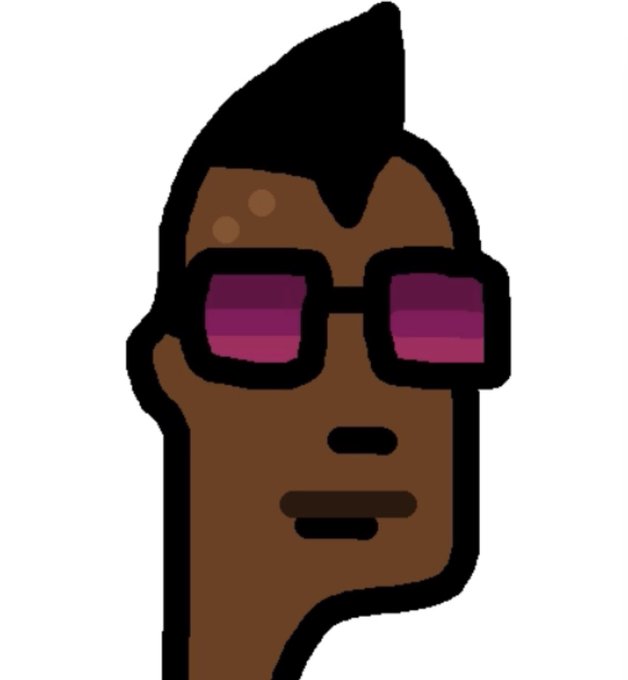 A cartoon-style illustration of a dark-skinned man with a mohawk and stubble, wearing large pink-tinted rectangular sunglasses.
