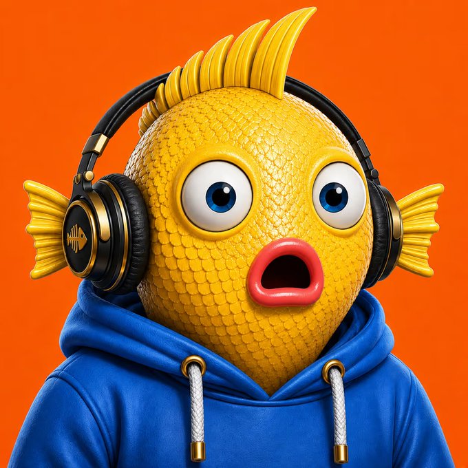 A 3D-rendered anthropomorphic yellow fish character with an open mouth wears black and gold headphones and a blue hoodie against a solid orange background.