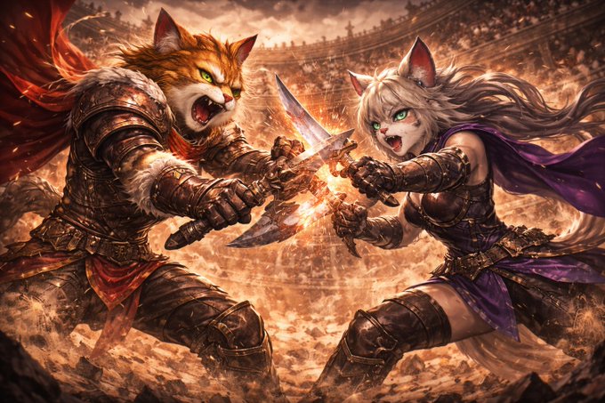 Two fierce cat warriors clash swords in a fiery arena battle. The image evokes the intense championship combat of the Heimdall Arena Championship #9, where 500,000 NCG rewards await the top "Cat Warriors."