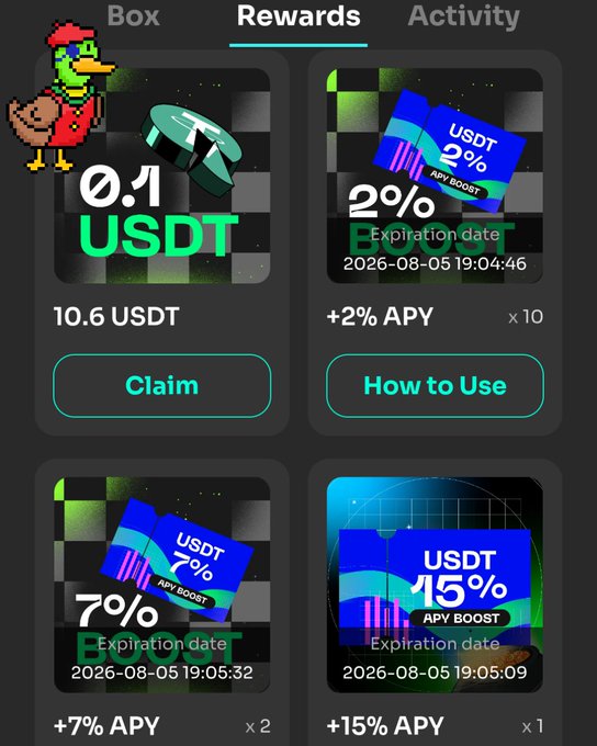 A crypto rewards interface offering USDT claim options and APY boost vouchers (2%, 7%, and 15%) with expiration dates in August 2026.