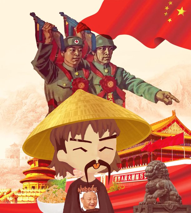 A cartoon character wearing a straw conical hat and a t-shirt with Mao Zedong's image stands in front of a Chinese propaganda poster featuring two soldiers with rifles beneath a red flag with yellow stars, alongside iconic imagery like a stone lion, Tiananmen Square, and Forbidden City architecture—evoking the "Soon" caption with a satirical, foreboding tone.