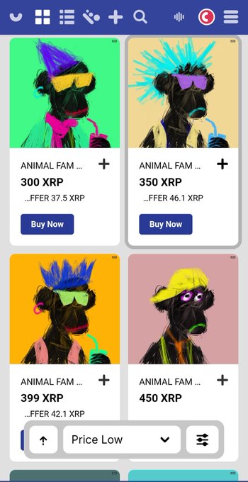 Mobile marketplace screenshot showing 4 NFT listings from 'ANIMAL FAM...' collection with prices ranging from 300 XRP to 450 XRP, featuring colorful stylized dog character artwork, sorted by Price Low.