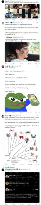 A collection of tweets including @BitcoinMunch, @Sebboo, @Spacexprie, and others discussing topics ranging from family gatherings to Bitcoin price predictions, Pepe the Frog memes, and viral photos of influencer Ivy Lin.
