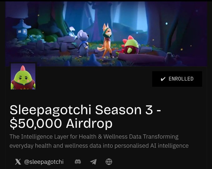 A promotional screenshot for 'Sleepagotchi Season 3 - $50,000 Airdrop' with cartoon characters in a forest setting, describing it as 'The Intelligence Layer for Health & Wellness Data'.