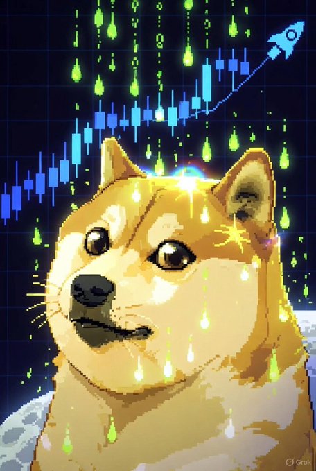 A pixel-art style illustration of a Shiba Inu dog with a glowing crown of light, set against a background of green candles and blue candlestick charts with a rocket launching upward, marked with 'Grok' in the corner.