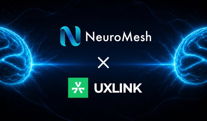 The image features a logo for UXLINK, which is green and white, positioned below two blue circles that represent the brain's structure. The text "NeuroMesh" is written above the circles, indicating the partnership between Neuro Mesh and UXLINK in the field of AI.