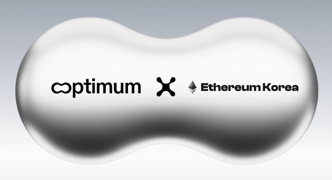 A glossy, silver, peanut-shaped 3D graphic features the logos for 'optimum', 'X', and 'Ethereum Korea' with a small diamond Ethereum icon.