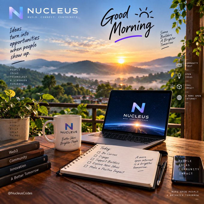 Inspirational 'Good Morning' graphic for 'NUCLEUS' featuring a scenic mountain sunrise, a laptop displaying the logo, a coffee mug, and a notebook with a 'Today' to-do list mentioning 'Be Curious, Engage, Support Builders'.