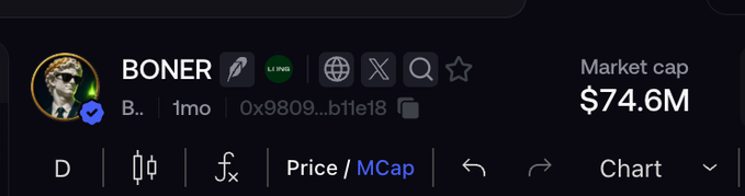 A user profile for "BONER" is displayed showing a market cap of $74.6M, likely being used to lend credibility to a $15 SOL giveaway promotion that asks users to engage, like, retweet, and comment their wallet address to participate.