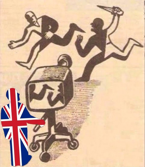 !!!STOP!!! cartoon characters run past a British flag, with the flag's shadow cast on the ground and a person holding a knife.