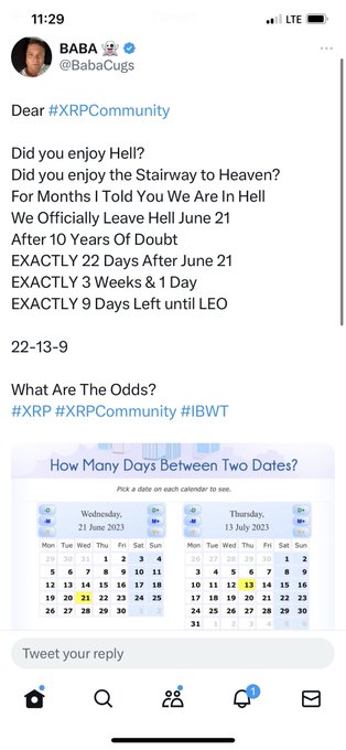 A tweet from @BabaCugs addressing the XRP community with a cryptic message referencing 'Hell,' 'Stairway to Heaven,' and a date count toward 'LEO,' including a calendar image dated June 21, 2023 to July 13, 2023.