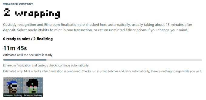 A cryptocurrency 'WRAPPER CUSTODY' interface showing a 'wrapping' process with '0 ready to mint / 2 finalizing' and an estimated wait time of '11m 45s' until the next mint is ready.