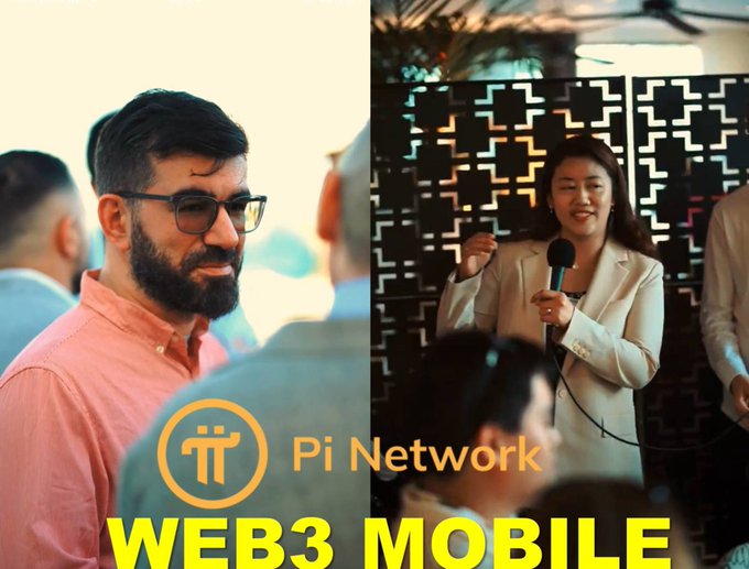A split promotional image for 'Pi Network WEB3 MOBILE' showing a bearded man in glasses on the left and a woman speaking into a microphone on the right.