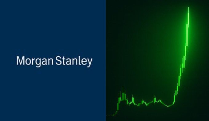 A promotional graphic for Morgan Stanley on a dark blue background, accompanied by a green line chart showing a sharp upward trend.