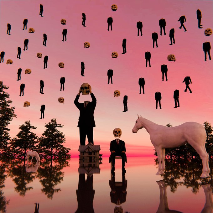 A surreal digital artwork depicting businessmen in suits with skulls for heads standing before a pink sunset, surrounded by floating silhouettes of headless figures and skulls, alongside a white unicorn in a mirrored landscape.