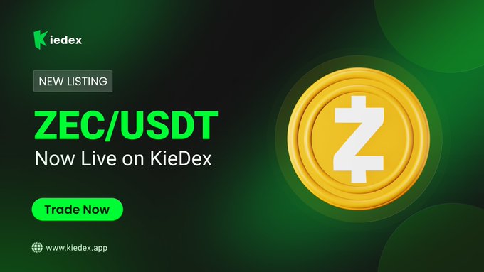 Promotional banner announcing the new ZEC/USDT listing on KieDex, featuring a gold Zcash coin graphic alongside a green "Trade Now" button.