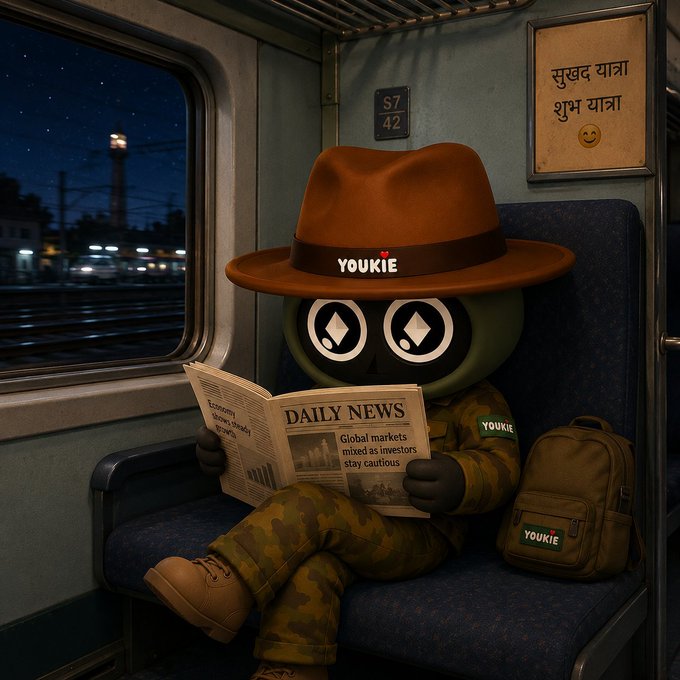 A 3D-rendered cartoon character with large eyes, wearing an orange fedora and camouflage outfit, reads a 'DAILY NEWS' newspaper with the headline 'Global markets mixed as investors stay cautious' on a train at night, with 'YOUKIE' branding on the hat and backpack.