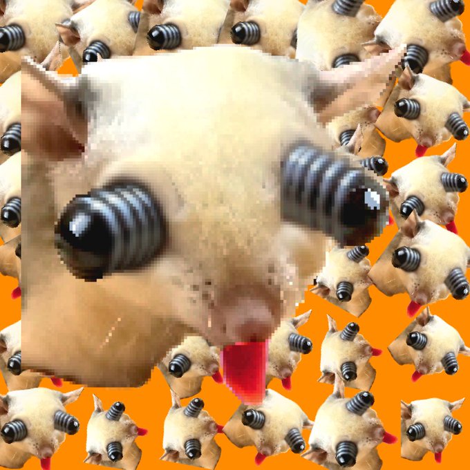 A large central pixelated image of a pale, furry creature with cylindrical "sugar eyes," a long red tongue, and small ears is surrounded by a repeating pattern of the same creature against an orange background. The post's reference to "Crazy sugar eyes" matches the unusual cylindrical objects in place of the creature's eyes.