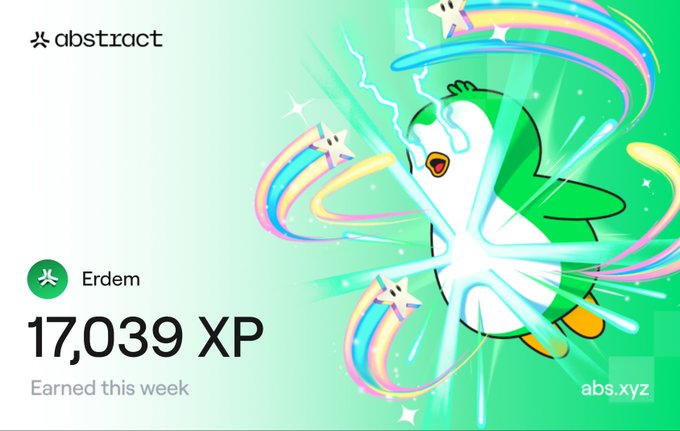 A promotional graphic for the 'abstract' platform showing a user named 'Erdem' with '17,039 XP' earned this week, featuring a cartoon penguin mascot shooting lasers.