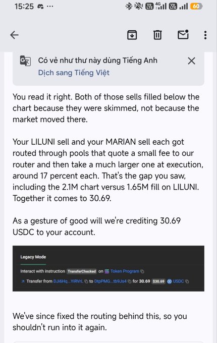 A mobile phone screenshot showing an English text about a cryptocurrency trade correction, explaining that LILUNI and MARIAN sells were skimmed rather than filling below the chart, crediting 30.69 USDC to the user's account.