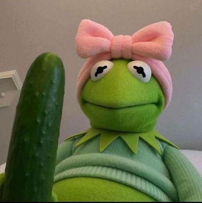 A Kermit the Frog plush toy wearing a pink bow hat with sleepy eyes, positioned next to a large green cucumber against a gray wall.