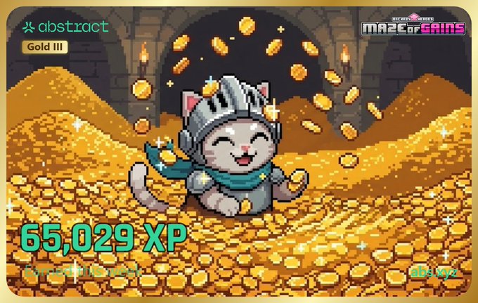 The image features a cat wearing a helmet and holding a sword while surrounded by gold coins scattered around it. The text "Great @AbstractChain XP week!" is written above the cat's head, indicating that the player has earned a significant amount of XP in the game. The post also mentions that the player has been playing the Maze of Mega Gains, Moody Mights, and Cambria Dungeons for 150K to be Platinum.