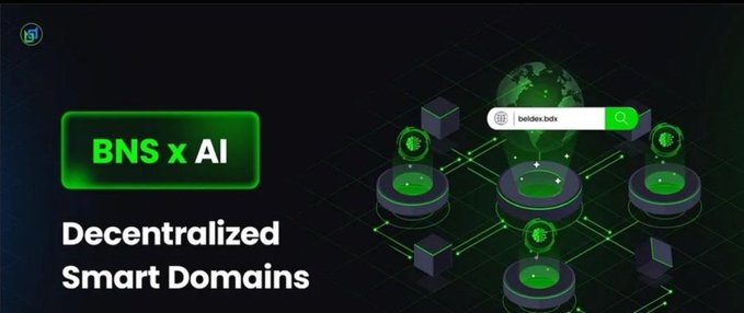 A promotional graphic for 'BNS x AI Decentralized Smart Domains' featuring a green logo, a network diagram with green blockchain nodes connecting to a globe, and a search bar showing the domain 'beidax.bnb'.