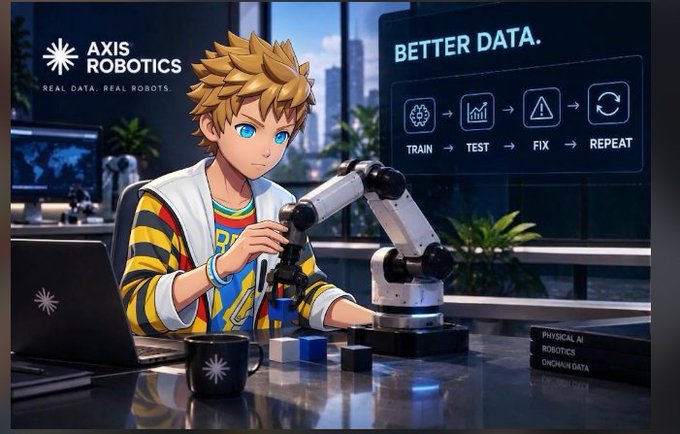 A promotional image for 'AXIS ROBOTICS' featuring an anime boy at a desk working with a robotic arm, alongside the tagline 'BETTER DATA' and icons for TRAIN, TEST, FIX, REPEAT.