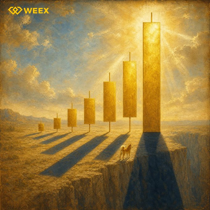 A lone fox stands at the edge of a cliff beneath a row of monumental golden candlesticks rising across a sunlit plain, with the "WEEX" logo in the upper left. The image visualizes the post's message — a tranquil, "noise-free" market where only the steady progression of price action remains.