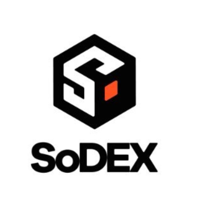The image displays the SoDEX logo, featuring a black hexagonal emblem with stylized white "S" lettering and a small orange square accent, positioned above the bold "SoDEX" wordmark. This branding visually reinforces the post's message about SoDEX ending future troubles through its strong, structured design.