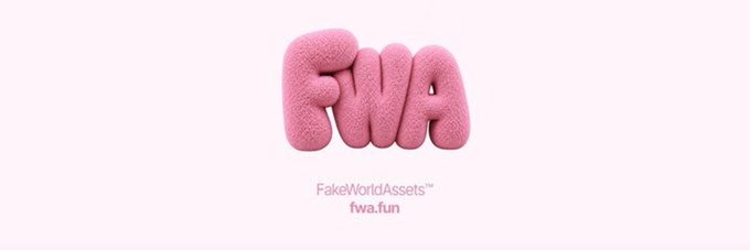 A pink fluffy bubble-letter logo that reads 'FWA' with the tagline 'FakeWorldAssets™' and the URL 'fwa.fun' displayed below on a white background.
