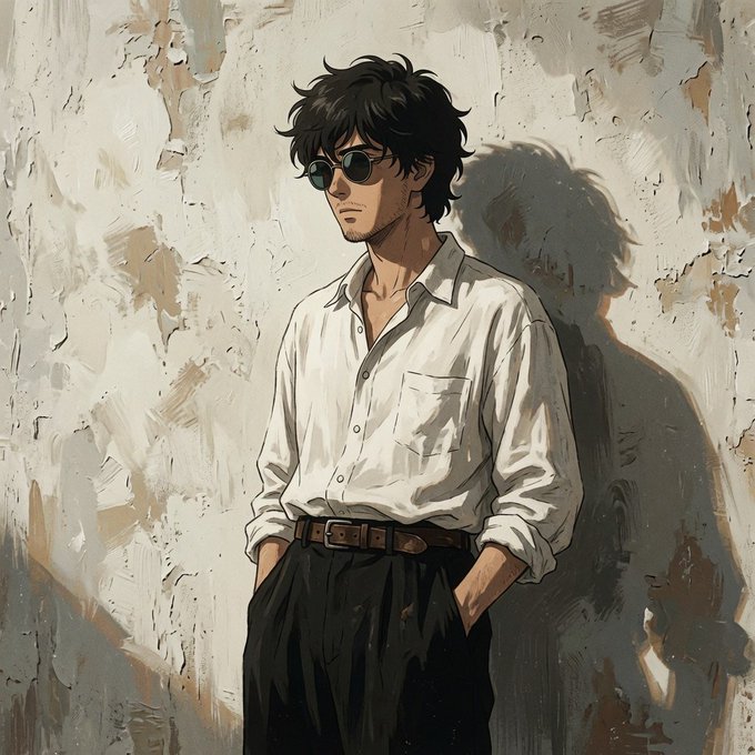 A painted illustration of a young man with tousled black hair wearing sunglasses, a white button-up shirt, and dark pants, leaning against a textured, peeling wall.