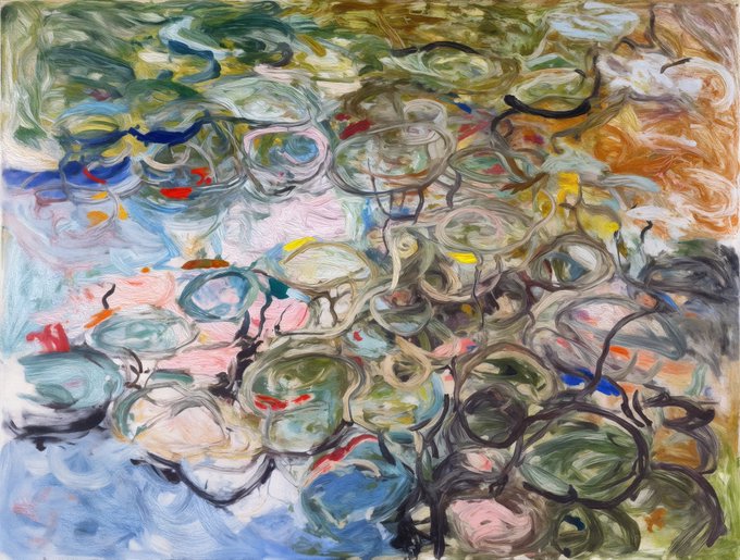 The image features a painting with an abstract style, predominantly green and blue colors. The artwork appears to be a watercolor piece that has been done in an impressionistic style. The artist's signature can be seen at the bottom of the painting. The painting is displayed on a canvas or wall, making it a part of the @CozomoMedici collection.