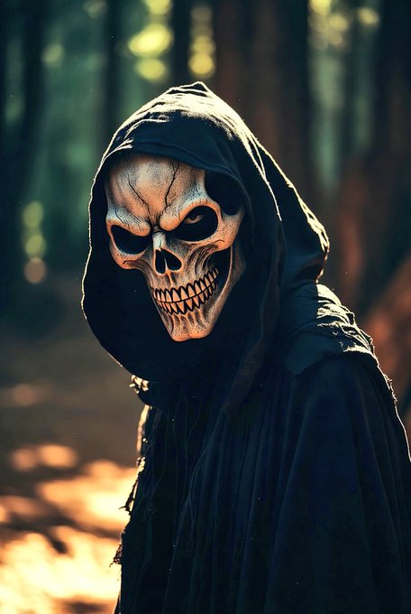 The image features a person wearing a scary mask, possibly a skeleton or a demon mask, standing against a forest background. The person's face is partially obscured by the mask, making them appear mysterious and intriguing. The scene suggests that the individual might be participating in an event or gathering related to Halloween or a similar theme.