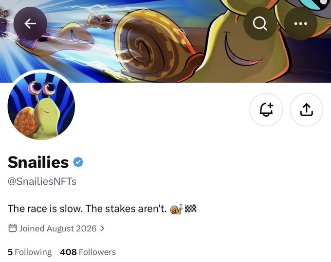 A Snailies (@SnailiesNFTs) Twitter/X profile page displays a verified NFT project with the tagline "The race is slow. The stakes aren't," 408 followers, and a banner featuring cartoon snails racing at high speed—visually reinforcing the project's "slow but high-stakes" brand identity highlighted in the accompanying alpha post.
