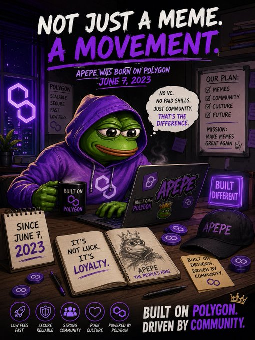 The image features a cartoon frog wearing a purple hoodie sitting at a desk with a laptop computer, surrounded by various objects such as books, pens, and a cup of coffee. The background includes a city skyline and neon signs, creating an urban atmosphere. The caption on the image reads "Happy 3rd Anniversary This is my Entry, I hope you like it #APEPECreator @0xPolygon #APEPECreator".