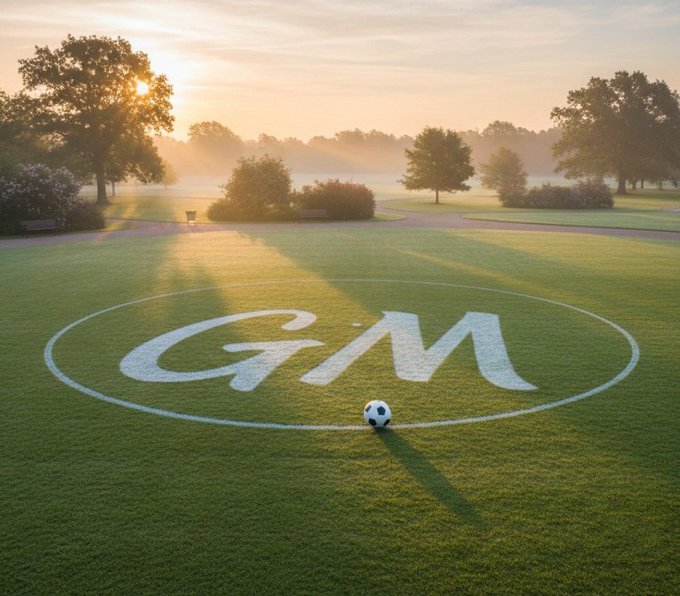 A misty sunrise illuminates a lush soccer field where "GM" is mown into the grass beside a soccer ball, with a bench and trees in the background.

The image ties into the post's "GM CT" (Good Morning Crypto Twitter) greeting, using the soccer field and rising sun as a visual metaphor for a fresh Monday start to "write your success story."