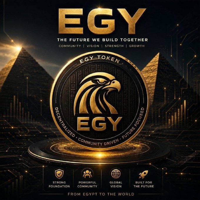 A gold and black promotional graphic for $EGY (EGY Token) features a central coin with an eagle emblem and the text "EGY—THE FUTURE WE BUILD TOGETHER," surrounded by Egyptian pyramids and the pillars "Strong Foundation," "Powerful Community," "Global Vision," and "Built for the Future," with the tagline "From Egypt to the World." The image visually reinforces the post's messaging about EGY being a purpose-driven, community-powered project now trading on Gate Alpha, with the pyramid backdrop symbolizing a strong foundation and the "Future Focused" coin design echoing the project's long-term vision.