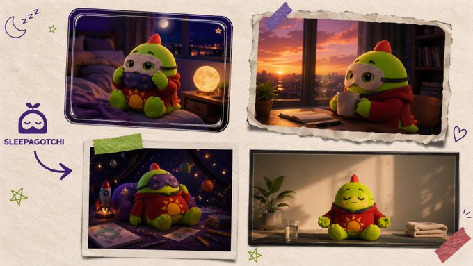 A collage titled 'SLEEPAGOTCHI' featuring four images of a green dragon-like character in a red hoodie in various sleeping or relaxing settings, including reading by a sunset.