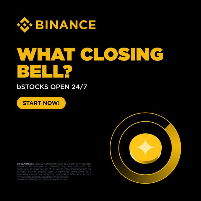 A Binance promotional graphic featuring the headline "WHAT CLOSING BELL? bSTOCKS OPEN 24/7" with a "START NOW!" call-to-action button, and the platform's yellow logo on a black background. The ad visually reinforces the post's message by highlighting Binance's 24/7 access to global tokenized stocks, eliminating traditional trading-hour limitations.