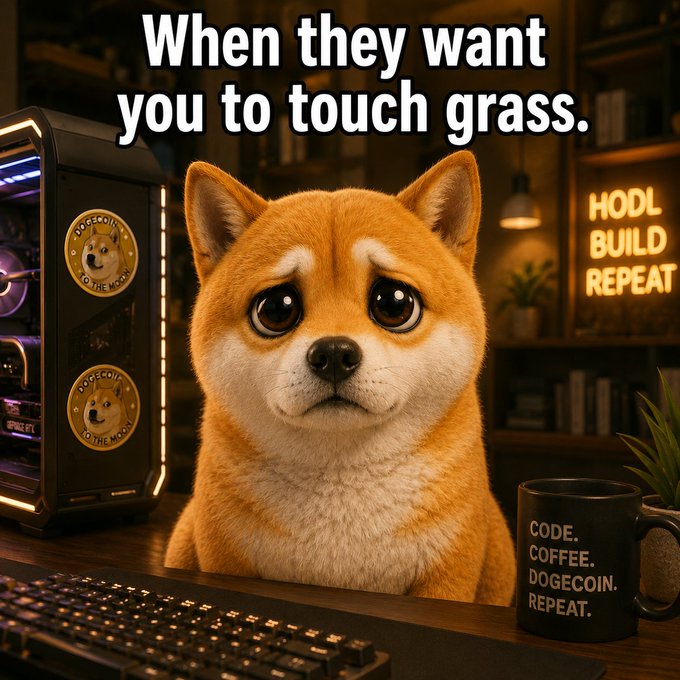 urn of coffee sits on desk, accompanied by a keyboard and monitor displaying "HODL.BULLET" and "CODE.COFFEE.DOGE.COIN."