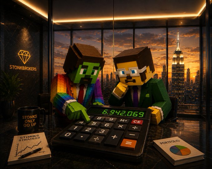Two Minecraft-style characters, a green-skinned figure and a suited businessman with glasses, sit in a high-rise office overlooking a sunset cityscape, pointing at a giant calculator displaying **6,942,069**. Surrounding items reference **$STONKBROKER**, including a logo reading "STONKBROKERS," a coffee mug labeled "STONKS ONLY GO UP," and papers titled "STONKS STRATEGY" and "PORTFOLIO," visually reinforcing the post's breakdown of the $STONKBROKER market cap based on the 4,444 Broker NFTs.