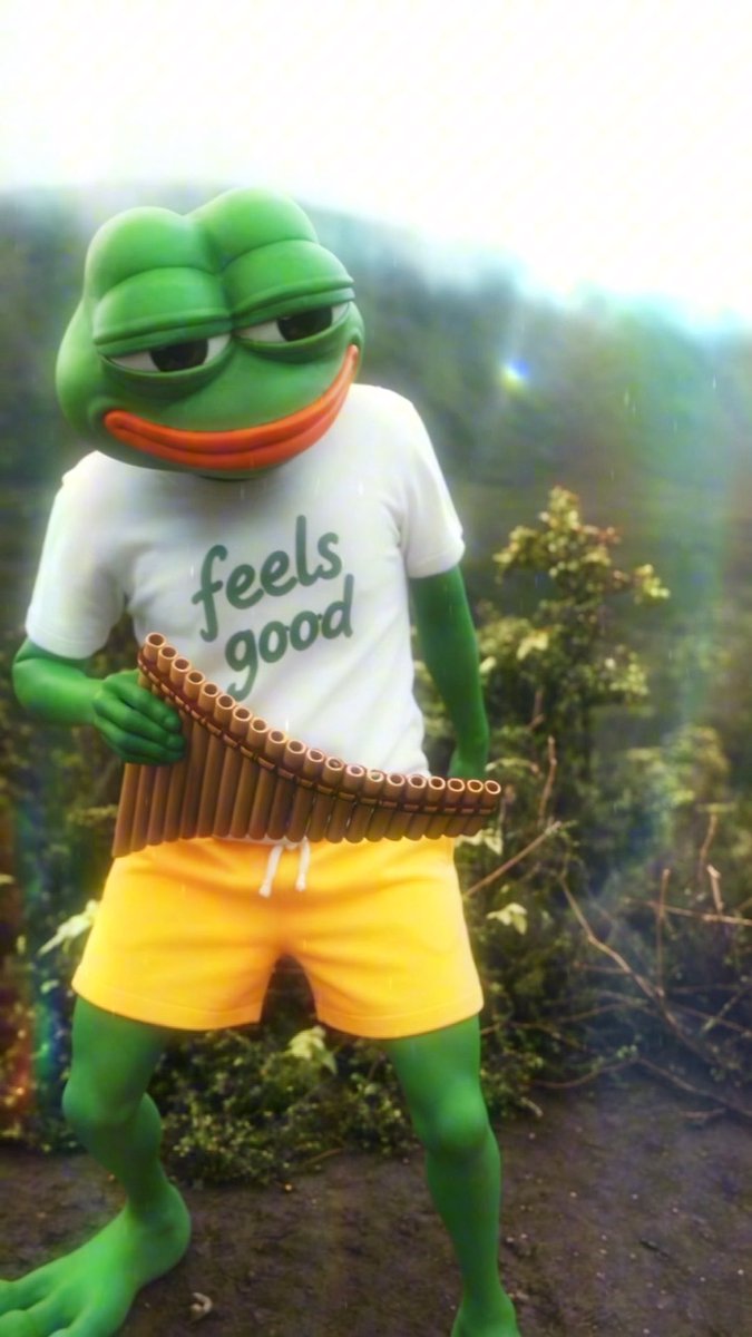 A green Pepe the Frog meme character stands outdoors wearing a white "feels good" t-shirt and yellow shorts while playing a wooden pan flute.
