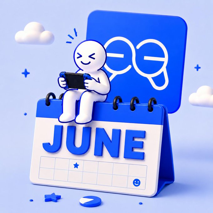 A 3D illustration shows a smiling white character with closed eyes sitting atop a desk calendar displaying "JUNE," enthusiastically holding a handheld gaming device while a speech bubble with glasses icon appears in the background. The playful blue-and-white design visually represents the post's theme of looking back on gaming experiences throughout June on @base.