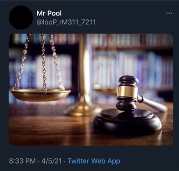 The image shows a Twitter post from user "Mr Pool" (@_looP_rM311_7211) dated 8:33 PM on 4/5/21, featuring a photo of a wooden judge's gavel resting on its sound block next to the brass pan of a balance scale, with a blurred bookshelf in the background—symbolizing law, legal proceedings, or courtroom justice, which relates to the #XRP hashtag referencing Ripple's ongoing legal battles with the SEC.