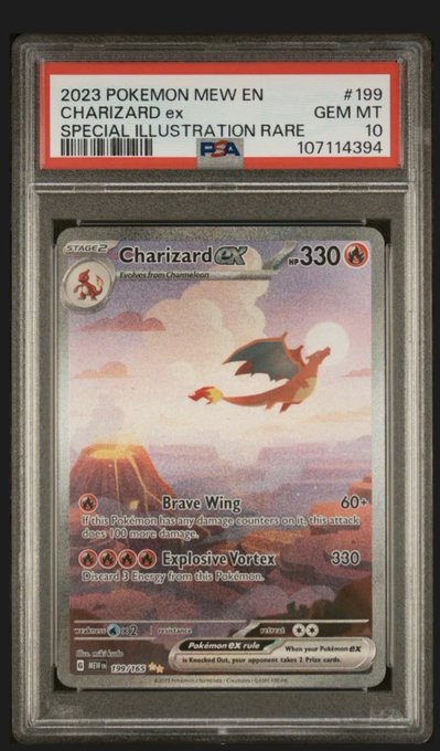 A PSA-graded GEM MT 10 Pokemon card, a 2023 Pokemon MEW EN Charizard ex Special Illustration Rare #199, graded 10.
