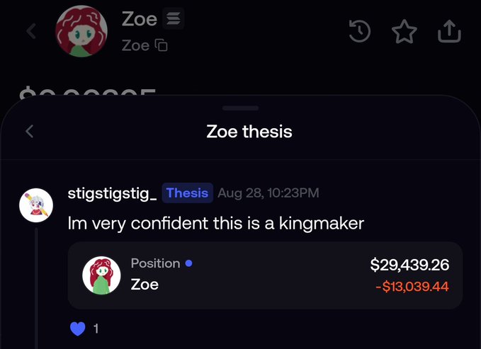 A Discord message in the 'Zoe thesis' channel from user 'stigstigstig_' dated Aug 28 states 'Im very confident this is a kingmaker' alongside a position showing $29,439.26 with -$13,039.44 in red.