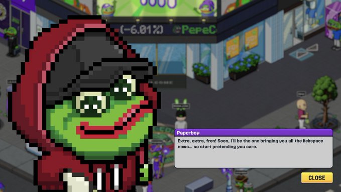 A pixelated Pepe the Frog character in a red hoodie is featured in a game called 'KeK$pace,' with a dialogue box from 'Paperboy' saying 'Extra, extra, fren! Soon, I'll be the one bringing you all the KeKspace news... so you all start pretending you care.'