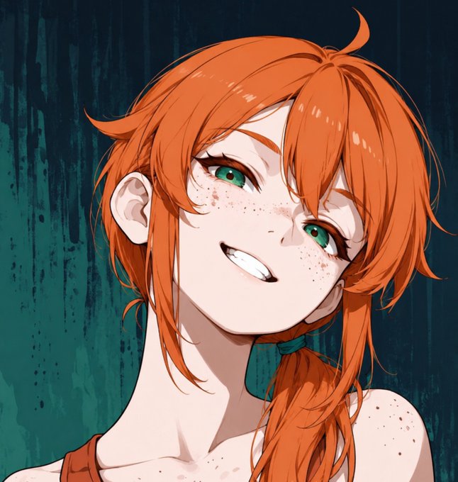 An anime-style illustration of a smiling girl with short orange hair, freckles, and green eyes against a teal background.