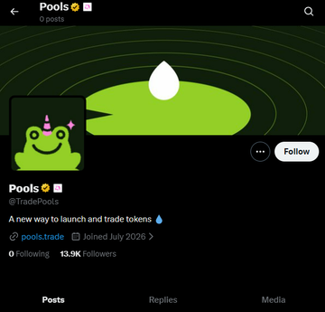 The image shows a Twitter/X profile page for "Pools 🐸📱" (@TradePools), featuring a cartoon frog avatar and displaying their bio "A new way to launch and trade tokens 💧" along with stats showing 0 following and 13.9K followers, joined July 2026.

The profile appears to be from a crypto/DeFi platform, and the accompanying post expresses frustration with the team, implying the user's frustration is directed at Pools, suggesting they had higher expectations for the token launch platform.